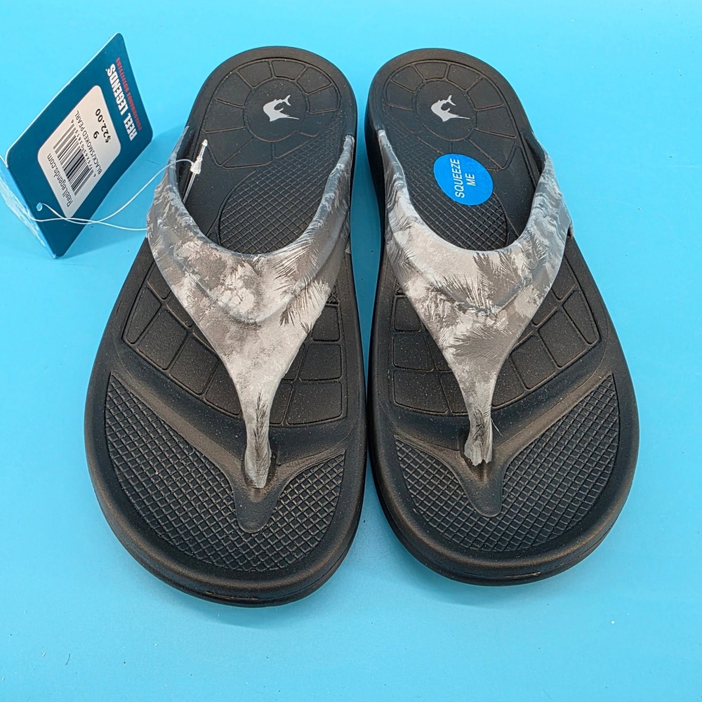 Reel Legends Unisex Flip Flop Sandals Black Smoked Pearl Palm‎ Leaf Size 9 NEW